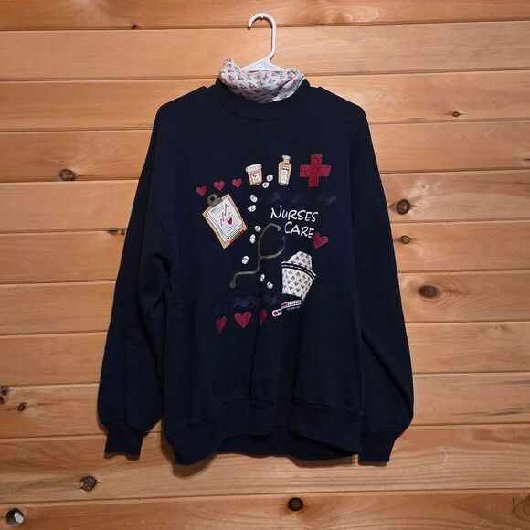 Vintage Retro 1980s Gopher Sport Nurses Care Patchwork Turtleneck Sweater - Picture 1 of 5